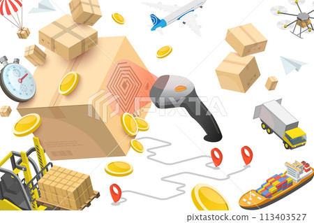 3D  Conceptual Illustration of RFID Logistics Tracking 113403527