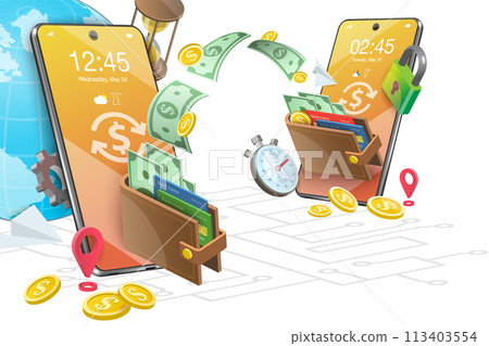 3D Conceptual Illustration of Mobile Money Transfer 3D Conceptual Illustration of Mobile Money Transfer 113403554