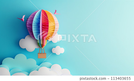 Air balloon with cloud and bird on blue background in paper cut greeting card with copy space. 113403655