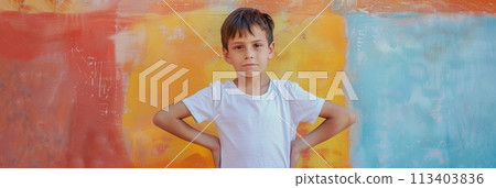 European child boy 4-6 years old in a white T-shirt without a pattern against the background of a colored wall, banner European child boy 4-6 years old in a white T-shirt without a pattern against the background of a colored wall, banner 113403836