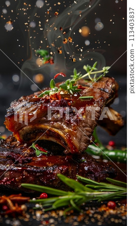 Beef ribs, delicious juicy beef ribs with spices and sauce close-up on a board on a dark background Beef ribs, delicious juicy beef ribs with spices and sauce close-up on a board on a dark background 113403837