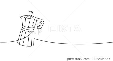 Coffee maker for stovetop one line continuous drawing. Hand drawn elements for cafe menu, coffee shop. Vector linear illustration. 113403853