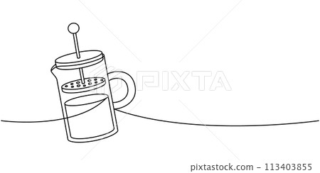 French press coffee one line continuous drawing. Hand drawn elements for cafe menu, coffee shop. Vector linear illustration. 113403855