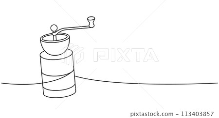 Small coffee grinder one line continuous drawing. Hand drawn elements for cafe menu, coffee shop. Vector linear illustration. 113403857