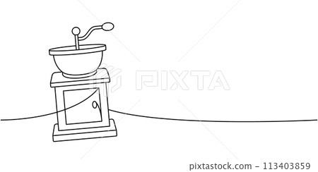 Coffee grinder one line continuous drawing. Hand drawn elements for cafe menu, coffee shop. Vector linear illustration. 113403859