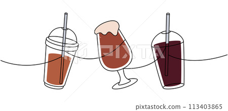 Takeaway coffee cups one line colored continuous drawing. Hand drawn elements for cafe menu, coffee shop. Vector linear illustration. Takeaway coffee cups one line colored continuous drawing. Hand drawn elements for cafe menu, coffee shop. Vector linear illustration. 113403865
