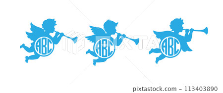 Cherub with name monograms. Kids monogram. Angel with a wings. Herald angel blowing trumpet. Cherub blowing into a tube. Vector illustration. Cherub with name monograms. Kids monogram. Angel with a wings. Herald angel blowing trumpet. Cherub blowing into a tube. Vector illustration. 113403890