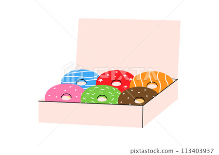 Donuts in a cardboard box. Bakery sweet pastry food. Vector illustration. Donuts in a cardboard box. Bakery sweet pastry food. Vector illustration. 113403937