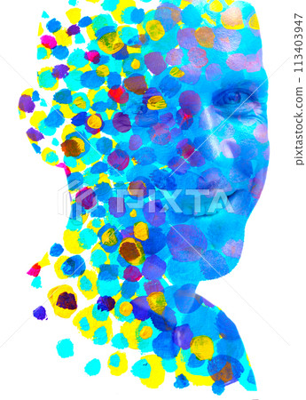 An artistic paintography portrait of a smiling man in double exposure An artistic paintography portrait of a smiling man in double exposure 113403947