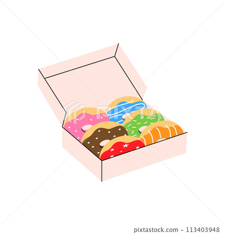 Donuts in a box. Bakery sweet pastry food. Vector illustration. Donuts in a box. Bakery sweet pastry food. Vector illustration. 113403948