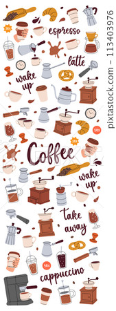 Coffee shop elements in vertical banner. Hand drawn elements for cafe menu. Beans, cups, pot, package, grinder, filter, machine, portafilter, kettle. Coffee shop elements in vertical banner. Hand drawn elements for cafe menu. Beans, cups, pot, package, grinder, filter, machine, portafilter, kettle. 113403976