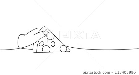 Hand holding a italian pizza slice one line continuous drawing. Traditional italian fast food continuous one line illustration. 113403990