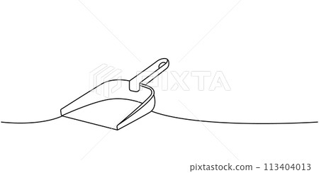 Cleaning scoop one line continuous drawing. Cleaning service tools continuous one line illustration. Vector linear illustration. Cleaning scoop one line continuous drawing. Cleaning service tools continuous one line illustration. Vector linear illustration. 113404013