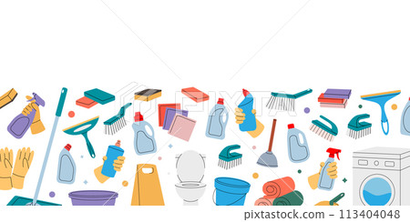 Housekeeping horizontal banner. Floor mop, bucket, plunger, scoop, sponges, brushes, toilet cleaners, towels, rags, gloves. Cleaning service tools. Housekeeping horizontal banner. Floor mop, bucket, plunger, scoop, sponges, brushes, toilet cleaners, towels, rags, gloves. Cleaning service tools. 113404048