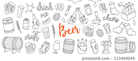 Beer outline set. Wooden barrels, cans, mugs, metal keg, bottle opener, sausages, tap, hop cone. Brewing process, brewery factory production. 113404049