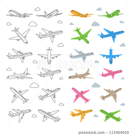Set of airplanes. Air transport. Air flight symbol. Passenger airplanes. Vector illustration. 113404050