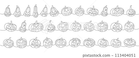 Pumpkins with scary faces. Autumn pumpkins faces one line continuous drawing. Autumn halloween vegetables continuous one line illustration. 113404051