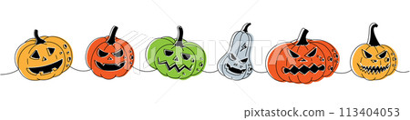Pumpkins scary faces set. Autumn halloween pumpkins faces one line colored continuous drawing. Halloween vegetables continuous one line illustration. 113404053