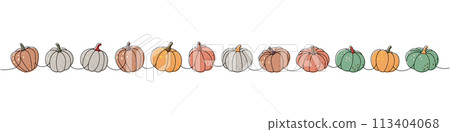 Pumpkins. Autumn pumpkins one line colored continuous drawing. Autumn halloween vegetables continuous one line illustration. Vector illustration. 113404068