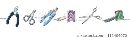 Pets accessories. Scissors for pets grooming, nail clippers, brush, fur remover continuous one line illustration. Vector linear illustration. 113404070