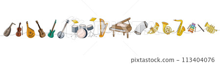 Set of musical instruments. Lute, violin, bandura, acoustic guitar, electric bass guitar, american banjo, drum kit, lyre, wooden harp, grand piano. Set of musical instruments. Lute, violin, bandura, acoustic guitar, electric bass guitar, american banjo, drum kit, lyre, wooden harp, grand piano. 113404076