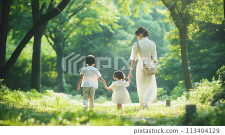 Rear view of a family walking hand in hand in the park 113404129