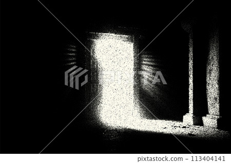 Ancient ruins in sci-fi scene with dotwork retro style. Mysterious gate debris with dramatic lights and retro texture 113404141