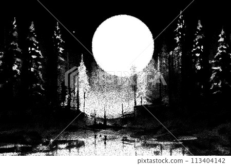 Dark forest landscape with full moon in retro dotwork style. Mysterious night landscape, in vintage style 113404142