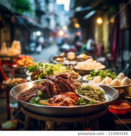Bustling street in Hanoi's vibrant street food scene 113404188