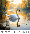 Serene River Scene with Graceful Swan 113404214
