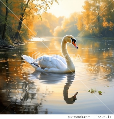 Serene River Scene with Graceful Swan 113404214