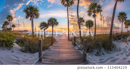 Wooden boardwalk through sand dunes leading to a beach 113404229