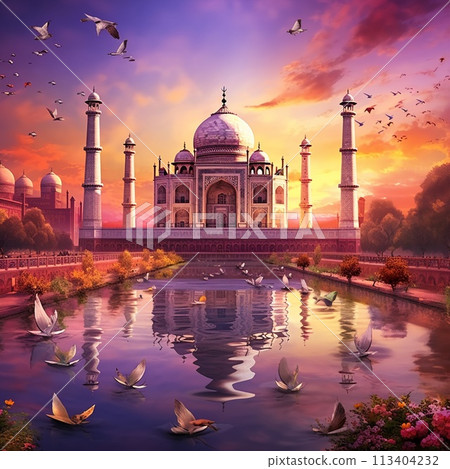 Merging Ancient Wonders with Modern Enchantment - Taj Mahal in a Futuristic Cityscape Merging Ancient Wonders with Modern Enchantment - Taj Mahal in a Futuristic Cityscape 113404232
