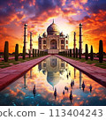 Merging Ancient Wonders with Modern Enchantment - Taj Mahal in a Futuristic Cityscape 113404243
