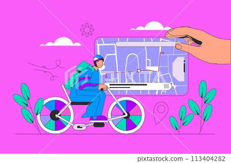 Delivery food concept in modern flat design for web. Courier cycling bike, carrying bag with order to client home with tracking route. Vector illustration for social media banner, marketing material. Delivery food concept in modern flat design for web. Courier cycling bike, carrying bag with order to client home with tracking route. Vector illustration for social media banner, marketing material. 113404282