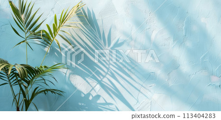 Palm leaves casting shadows on a textured blue wall Palm leaves casting shadows on a textured blue wall 113404283