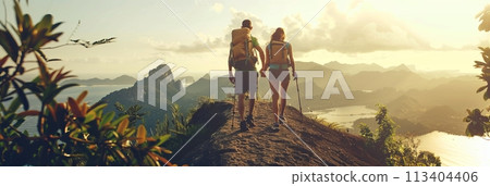 Couple of young people hiking on top of a mountain, traveling to the mountains, banner 113404406