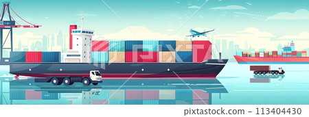 Freight transport, cargo transportation of goods by sea, rail, land and air, transportation and logistics banner illustration 113404430