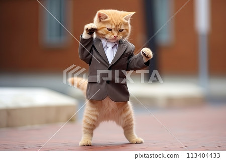 Cute kind funny cat in a suit stands on his hind legs isolated on a dark background 113404433