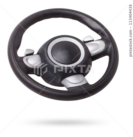 Steering wheel for car and truck isolated on white background. Automobile vehicle part or equipment. Round modern style consist of black leather and aluminum. For driver to driving control and tuning. Steering wheel for car and truck isolated on white background. Automobile vehicle part or equipment. Round modern style consist of black leather and aluminum. For driver to driving control and tuning. 113404438