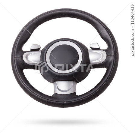 Steering wheel for car and truck isolated on white background. Automobile vehicle part or equipment. Round modern style consist of black leather and aluminum. For driver to driving control and tuning. Steering wheel for car and truck isolated on white background. Automobile vehicle part or equipment. Round modern style consist of black leather and aluminum. For driver to driving control and tuning. 113404439