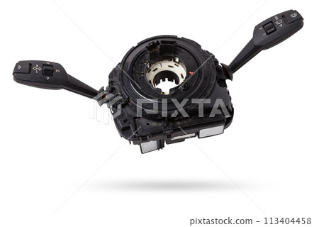 Steering wheel switches for windshield wipers and turn signals with steering angle sensor disassembled on a white isolated background, spare part for car repair or for sale at junk yard. Steering wheel switches for windshield wipers and turn signals with steering angle sensor disassembled on a white isolated background, spare part for car repair or for sale at junk yard. 113404458