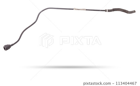 Black plastic hose of the car engine cooling system on a white isolated background in a photo studio for replacement during repair or for a catalog of spare parts for sale on auto disassembly. Black plastic hose of the car engine cooling system on a white isolated background in a photo studio for replacement during repair or for a catalog of spare parts for sale on auto disassembly. 113404467