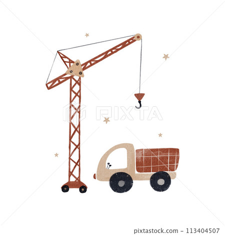 Beautiful hand drawn watercolor illustration with cute baby toys. Construction equipment clip art. Construction crane Beautiful hand drawn watercolor illustration with cute baby toys. Construction equipment clip art. Construction crane 113404507
