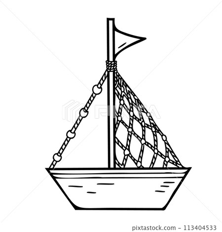 Cute ship, boat vector illustration. Hand painted summer sea nautical element in doodle style isolated on white background. 113404533