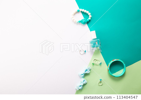 Little girls accessories on a white and green background, flat lay 113404547
