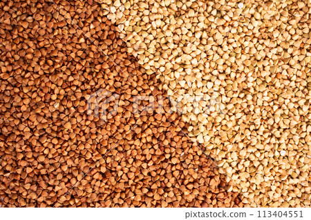 Green and fried buckwheat grains. Healthy vegetarian food concept 113404551