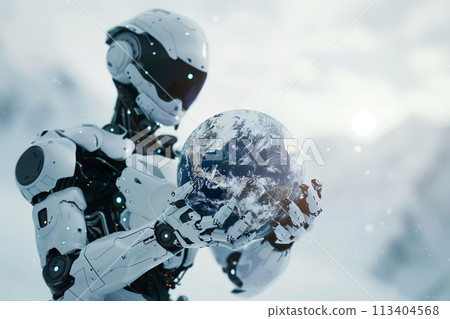 A futuristic AI robot holding a frosty Earth. Environmental impacts A futuristic AI robot holding a frosty Earth. Environmental impacts 113404568