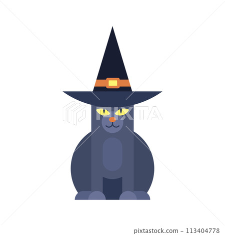 Black cat Halloween magic character in wizard hat minimal kids icon vector flat illustration 113404778