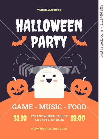Halloween kids party flyer design template retro promo poster vector flat illustration 113404808